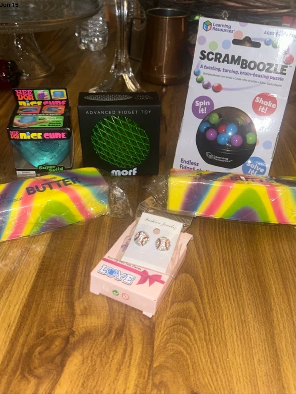 Nice Cube,Morf fidget toy Scramboozle Puzzle, 2  Butter squeeze and earrings